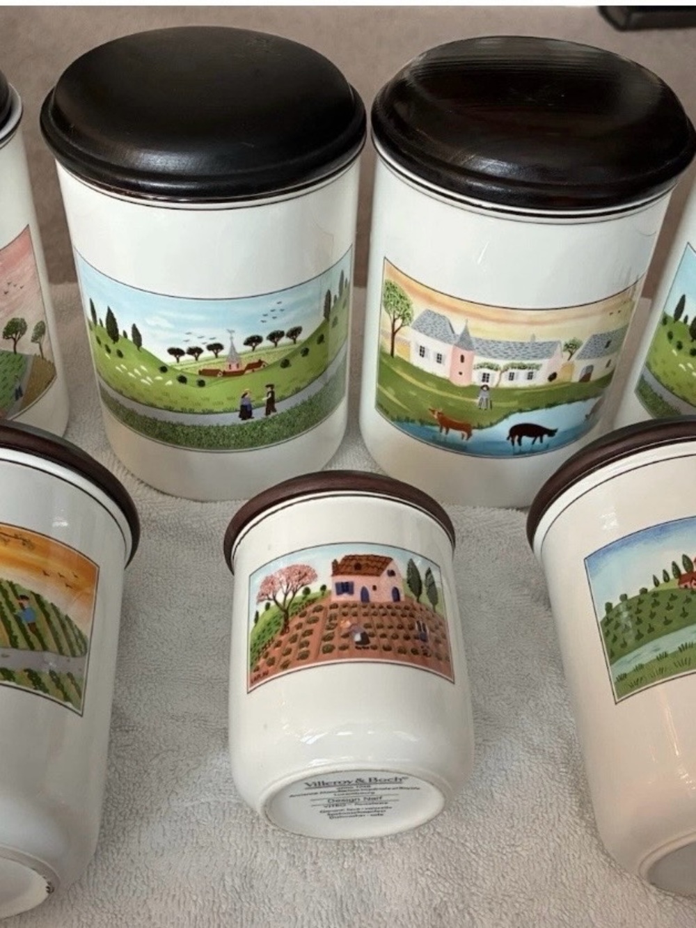 Villeroy & Boch Cream Ceramic Canister Set with Brown Lids and Pastoral Scenes